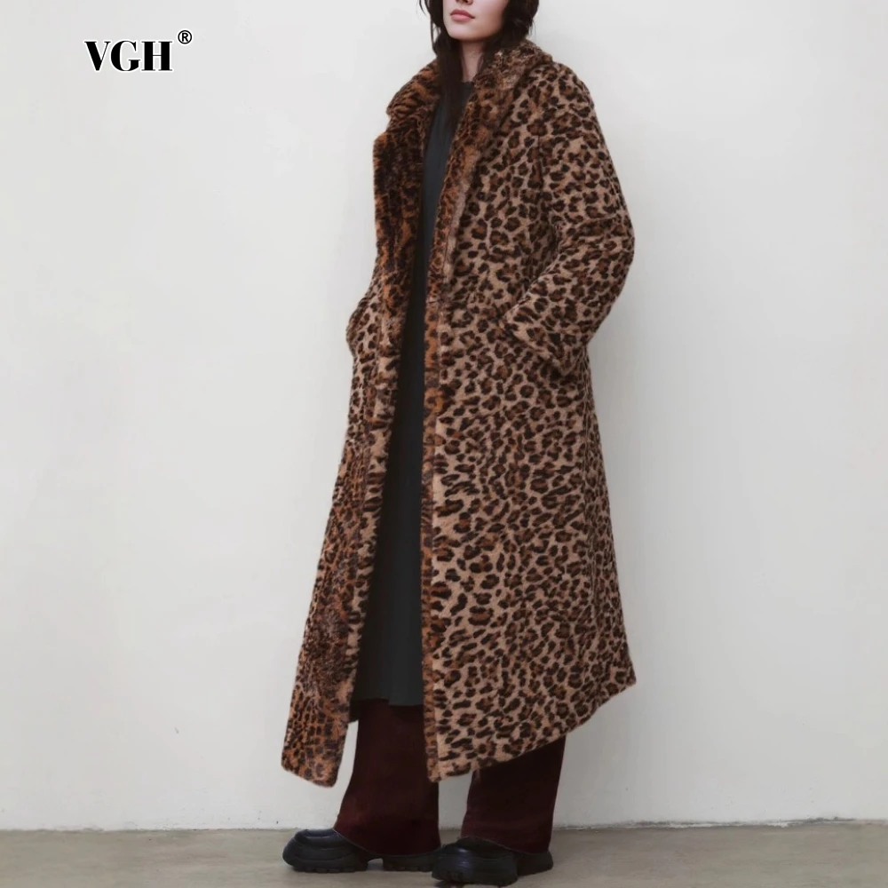 

VGH Leopard Printing Spliced Faux Fur Cardigans for Women Lapel Long Sleeve Patchwork Pockets Slimming Temperament Trench Female