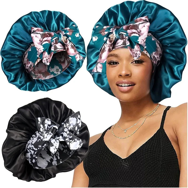 Bonnet en soie double couche pour femme avec lien, doublure en satin, bonnet de nuit, couvre-cheveux, chapeau de bain pour cheveux bouclés, tresses et cheveux naturels