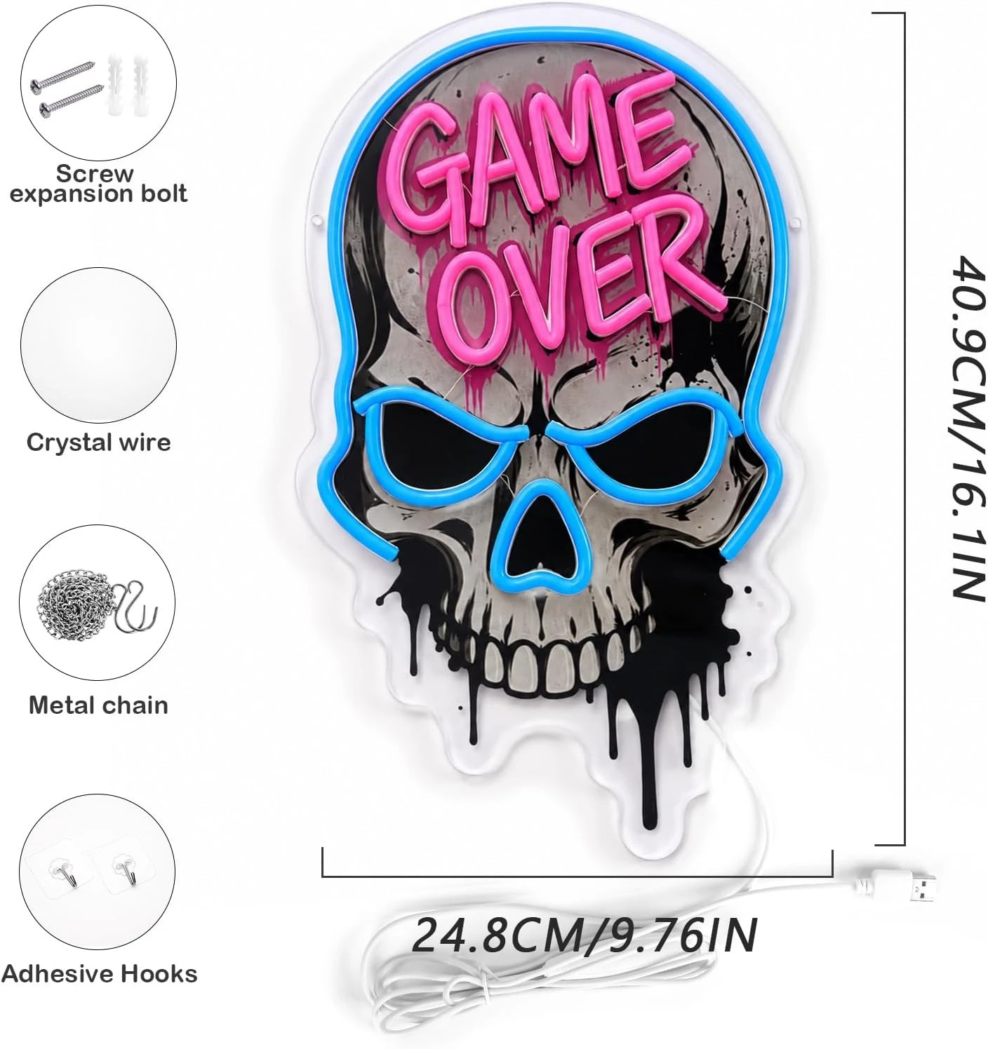 Game Over Skull Neon Sign USB Powered LED Neon Light Christmas Gift Halloween Party Game Room Bedroom Home Man Cave Decoration