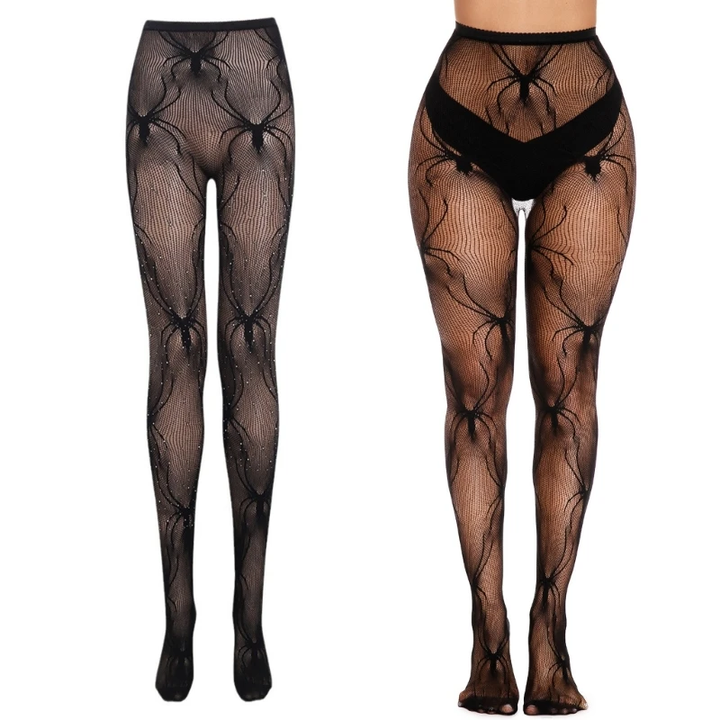 SZL-medias negras para mujer, rejilla con estampado telaraña Halloween, pantimedias con agujeros transparentes,