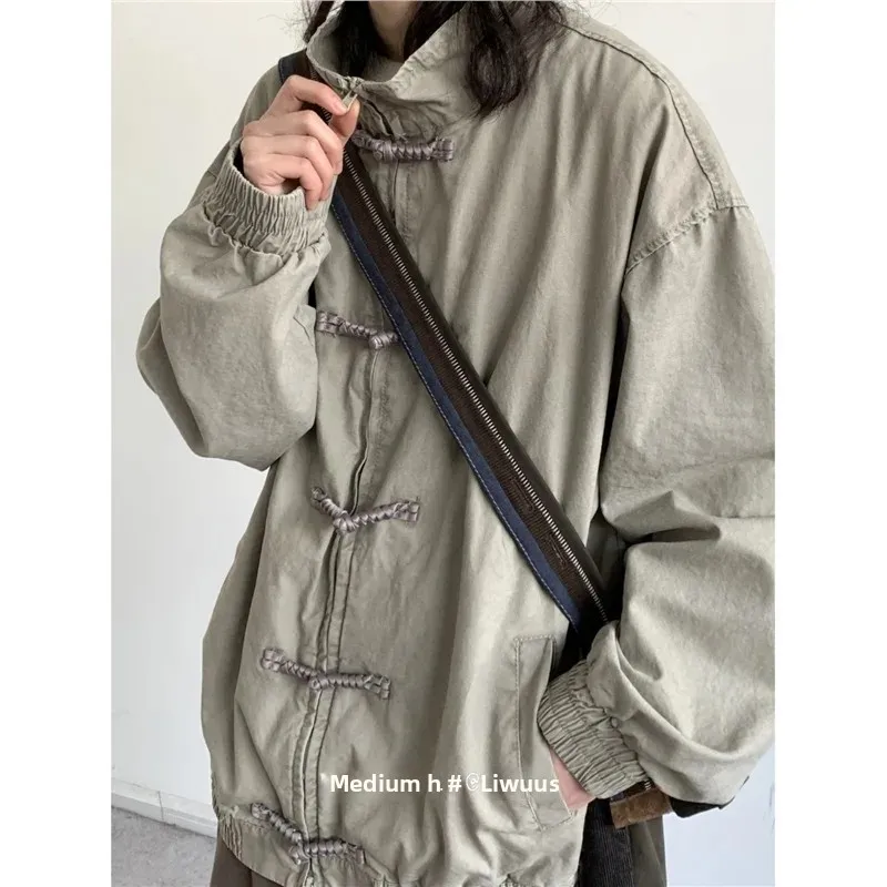 New 2025 Chinese Style Stand Collar Jacket Long Sleeve Pure Color Retro Button Neutral Outerwear for Men And Women