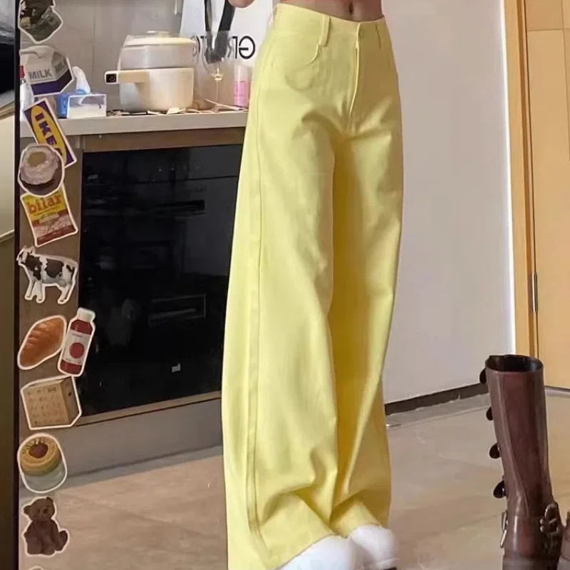 Spring Autumn Fashion High Waist Solid Pocket Jeans Women\'s Clothing Loose Casual Button Trend Simplicity Korean Straight Pants