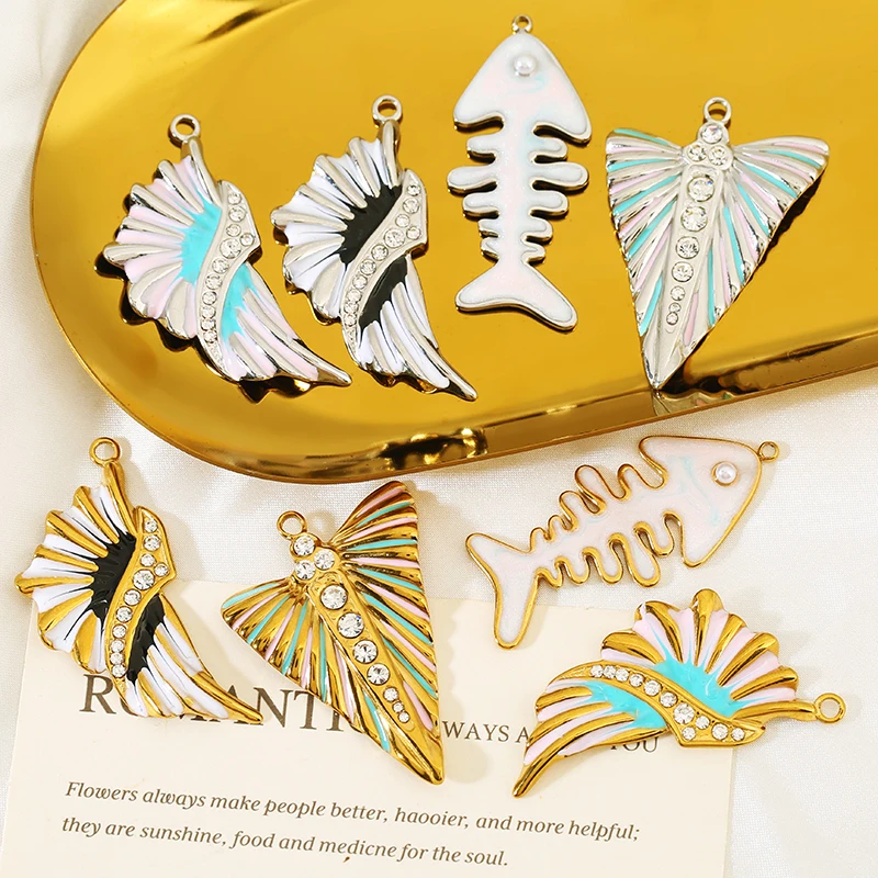2pcs Stainless Steel Retro Ocean Style Enamel Charm Fishtail Fishbone Pendants for Women DIY Necklace Earrings Jewelry Making