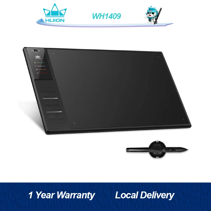 Беспроводной графический планшет Huion WH1409, большой планшет 13,8 x 8,6 дюйма для рисования с 8192 уровнями, ручкой под давлением, 12 экспресс-клавиш