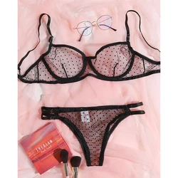 Lopnt New Polka Dot Lingerie Gauze Transparent Sexy Lingerie For Women Underwire Bra Set Push Up Bras Exotic Costumes Underwear