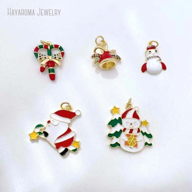 5Pcs Christmas Jewelry Wholesale Metal Cubic Zirconia Figure Santa Claus Snowman Invisible Setting Enamel Copper Pendant