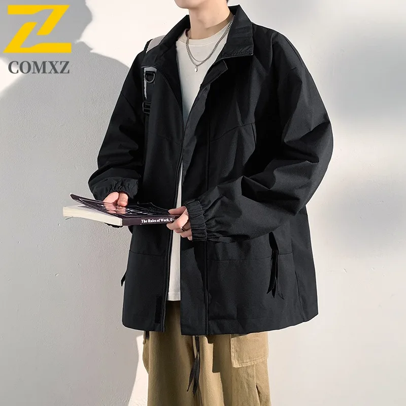 COMXZ 2025 Mens American Streetwear Stand Collar Workwear Jacket Casual Coat