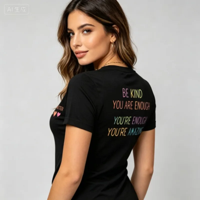 Women Crew Neck Modal Short Sleeve T‑Shirt, Positive Affirmation Quote Graphic Tee Colorful Heart Motivational Slogan Casual