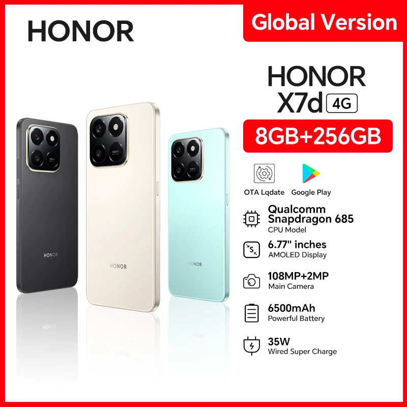 Original Global Version HONOR X7d 4G 8GB+256GB Smartphone 6.77'' 120Hz TFTLCD Screen 108M Main camera 6500mAh 35W Supercharge