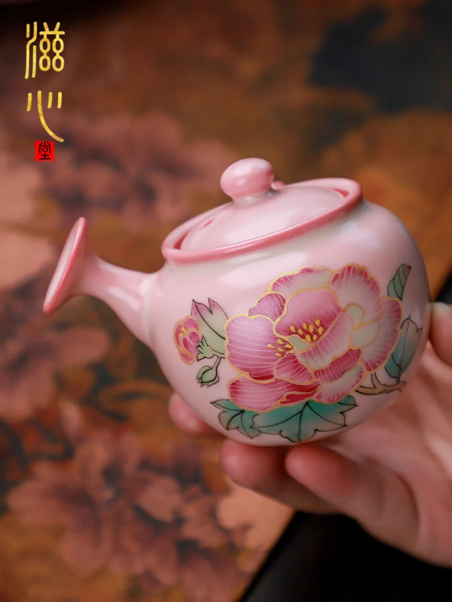 High-End Celadon Hand Painted Hibiscus Side Handle Pot Handmade Tray Personal Dedicated Tea Set Ceramic Gift Cup