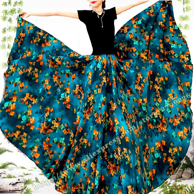 2025 Elegant  Large Big Hem floral print Satin Chiffon women's Long Skirt Summer 2025