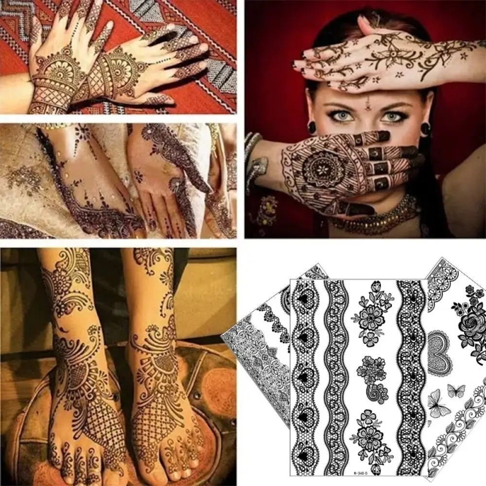 Black Mehndi Stickers Henna Tattoo Stickers Legs Arm Lace Fake Tattoo Black Henna Tattoo Decals Wedding Tool India Flower