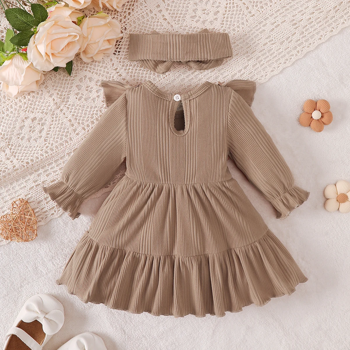 Neues Kleid für Babymädchen, einfarbig, mit Rüschen, inklusive Stirnband, geeignet für Babys von 0 bis 18 Monaten, süßes Kleid für Babymädchen, ideal für Frühling und Herbst. – Detail 2