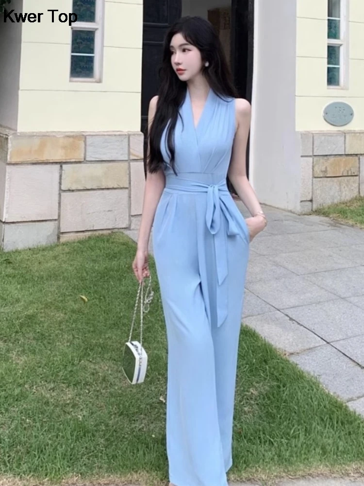 Elegant Women\'s V Neck Wide Leg Jumpsuit Office Lady Fashion Vintage Off Shoulder Bandage Rompers Summer Casual Slim Outfits