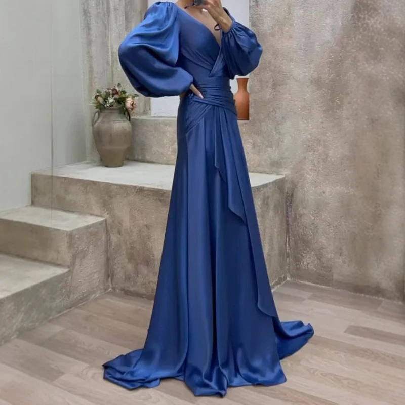 2024 Autumn Fashion Ruffle Solid Robe Dress Casual Long Sleeve Pleated Party Dress Lady Elegant Deep V High Waist Banquet Dress