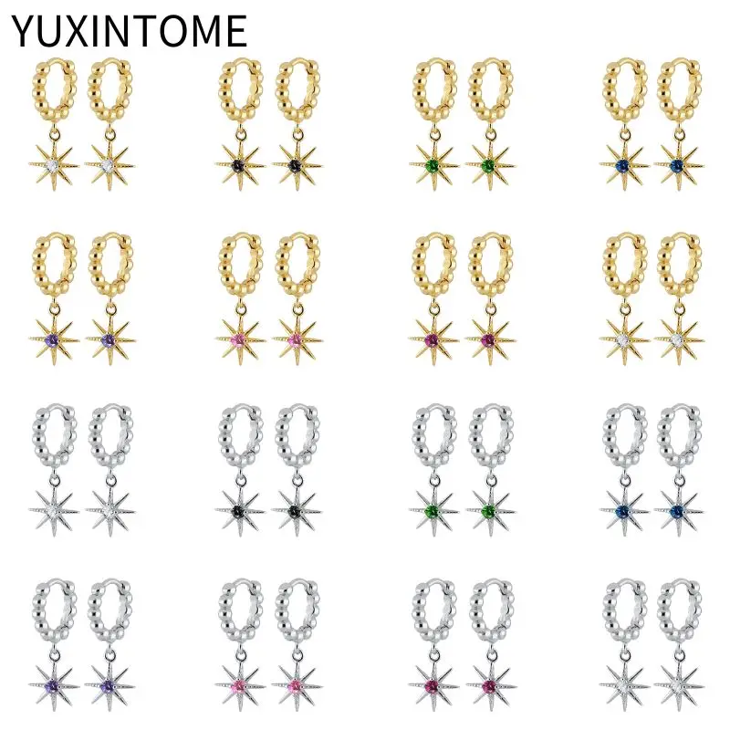 

925 Sterling Silver Needle Fashion Star Hoop Earrings For Women Colorful Crystal Star Pendant Earrings Luxury Jewelry Gifts