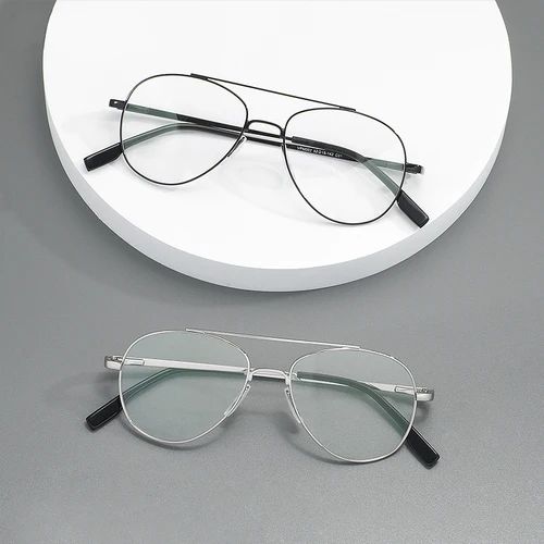 Imagen 2 del producto Montura de gafas de doble puente para hombre y mujer, montura de gafas de piloto de borde completo de Metal con bisagra de resorte para lentes graduadas ópticas