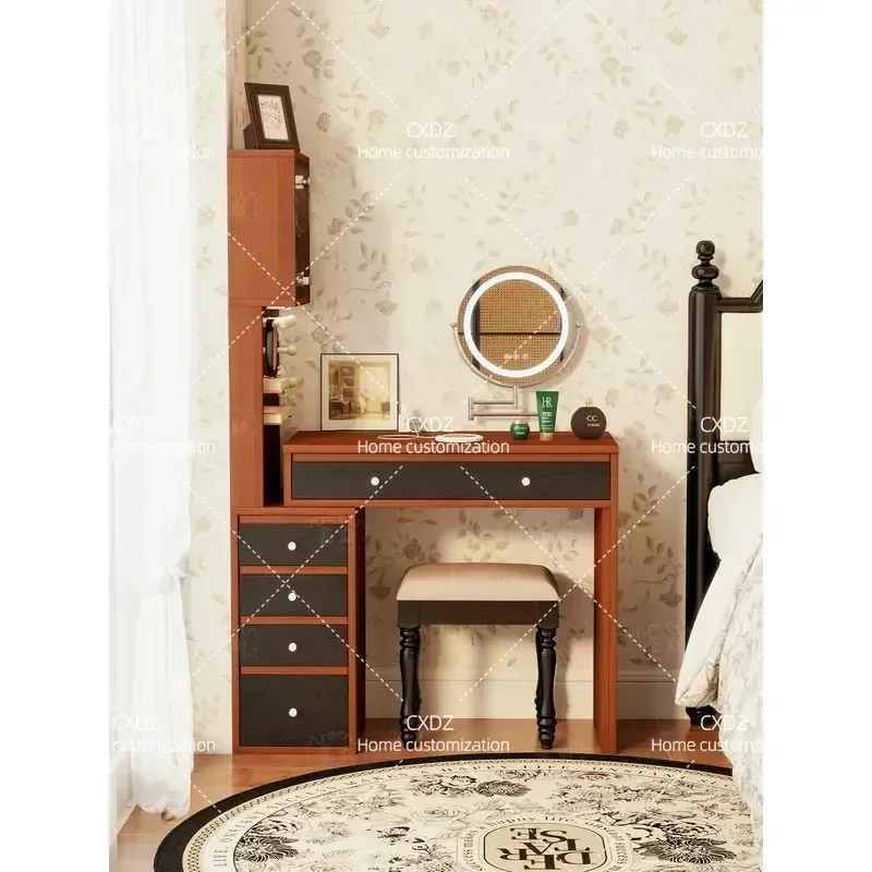 Medieval Style Bedroom Dresser with Mirror Corner Makeup Table Retro Retractable Bedside Table Integrated Storage