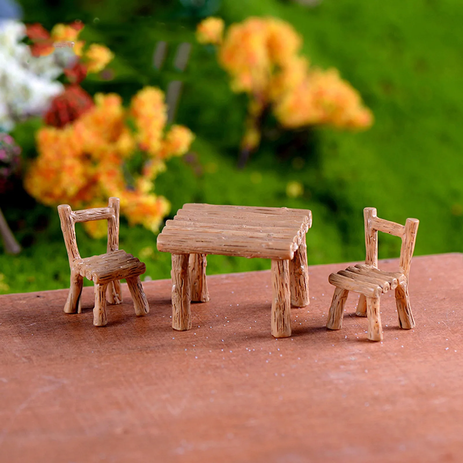 3pcs/set New Wood Tables And Chairs Crafts Miniature Park Seat Mini Long Wood Bench Resin Craft Ornament Micro Figurine Decors