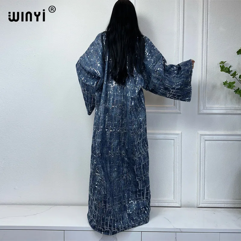 WINYI new Sequined denim cardigan Women long down coat Loose Dress elegant Party maxi Holiday Swimming Cover Up fashion Kimono