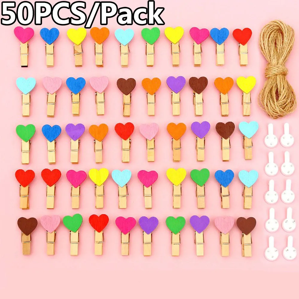 50PCS/pack Mini Wood Clothes Pegs Colorful Love Heart Clips for DTY Crafts Picture Paper Hanging Wedding Party Photos Display