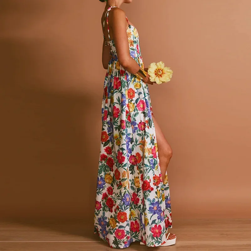 Vestido elegante con tirantes Bohe y estampado Floral, vestidos plisados divididos con hombros descubiertos, vestidos largos de cintura con cordones a la moda para mujer