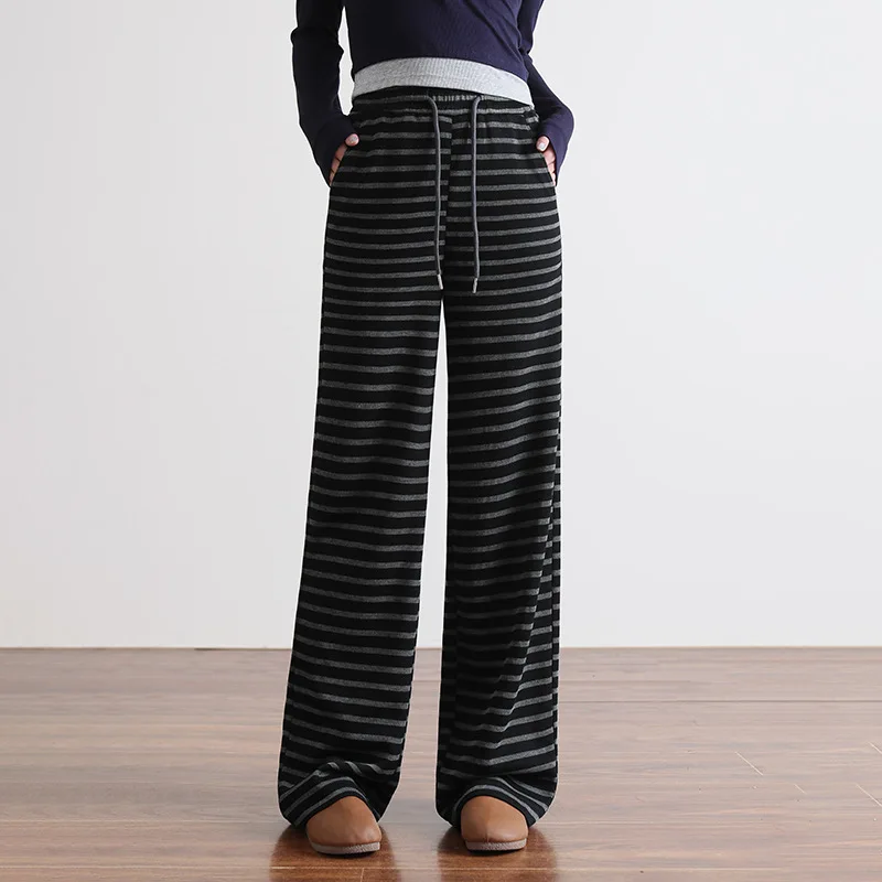 أسود فضفاض يشعر السراويل الخريف مرونة مريحة نسخة ضيقة الطابق طول واسعة الساق السراويل مخطط السراويل الأرز الدبق #1