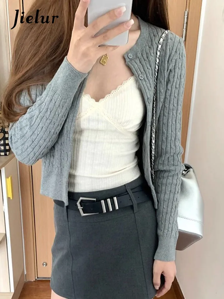 

Jielur Autumn New Solid Color Slim Women Cardigan Casual Loose Fashion Cardigan Woman Grey Navy Blue Knitted Sweaters Female