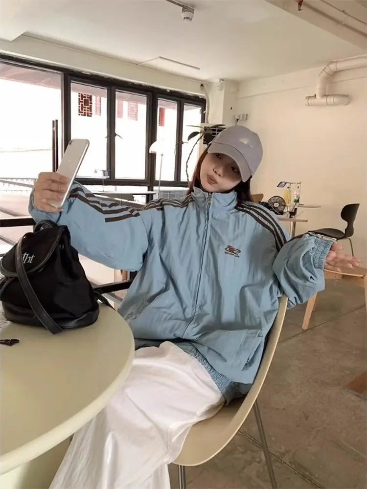 سترة نسائية أمريكية عتيقة الطراز ذات وجهين للربيع والخريف، فضفاضة بثلاثة خطوط، قطعة علوية رياضية غير رسمية بسحاب وأكمام طويلة #3