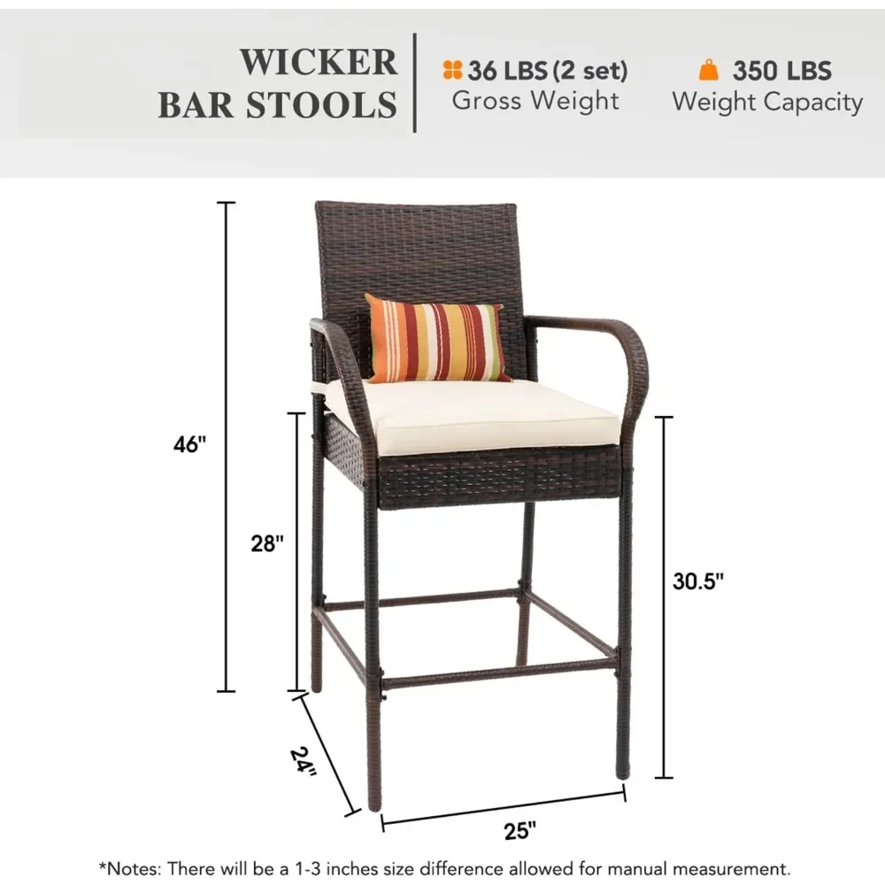 WUNICEF-Tabouret de Bar en Rotin, Chaise avec Bras, Coussin Beige, Meubles d'Extérieur, Toutes Saisons, 2 Pièces