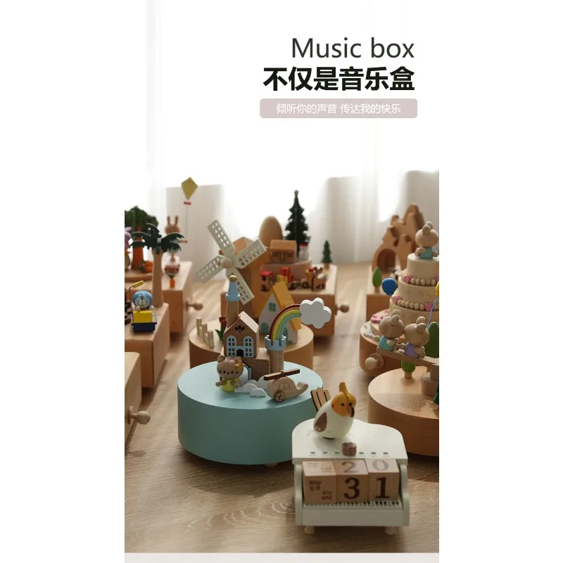 Music box carousel wooden tabletop ornament, mechanical clockwork, birthday gift