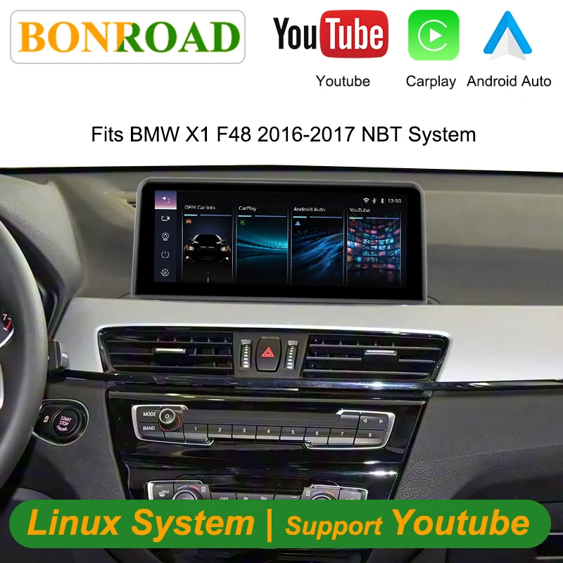 Écran tactile sans fil CarPlay Android Auto Linux de 10,25 pouces avec YouTube pour BMW X1 F48 2016-2017 système NBT, AirPlay et autoradio Autolink