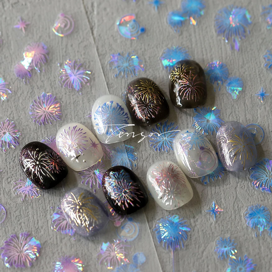 Shiny Gradient Fireworks Stars Colorful Laser Blue Purple Chinese New Year Sparkling Brilliant Nail Art Stickers Manicure Decals