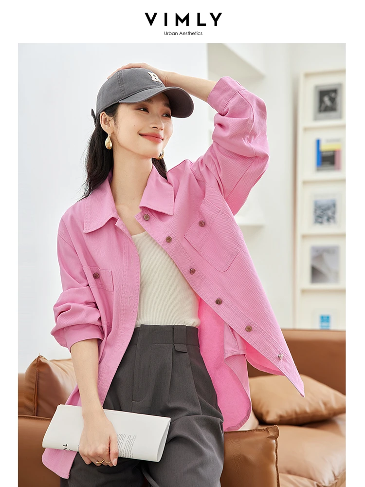 VIMLY New In Autumn Fashion Loose Commute Style Pink Denim Jacket Women's Streetwear Casual Pink Denim Coat Lady Outerwear