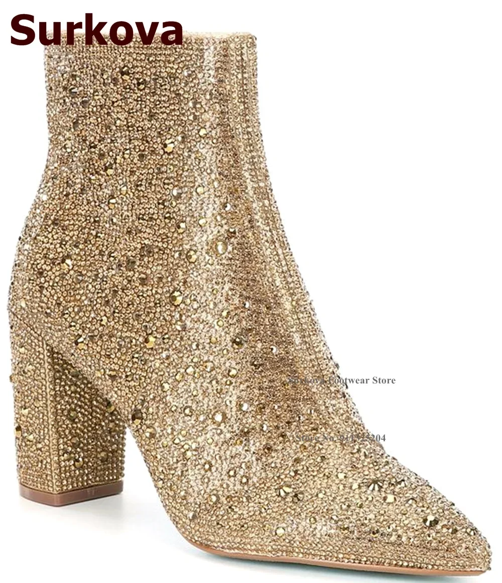 Surkova Glitter Crystal Chunky Heel Ankle Boots Shining Rhinestone Embellished Pointed Toe Short Booties Zipped Diamond Shoes