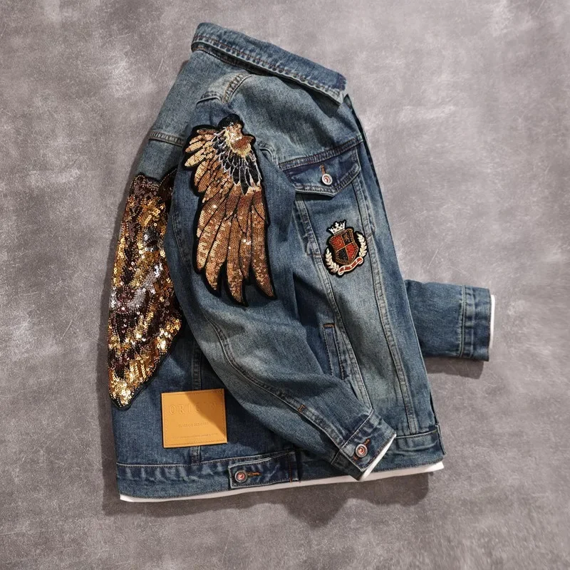 2025 new personalized sequins design men's denim jacket [Owl] embroidery fashion Trendy loose versatile tops