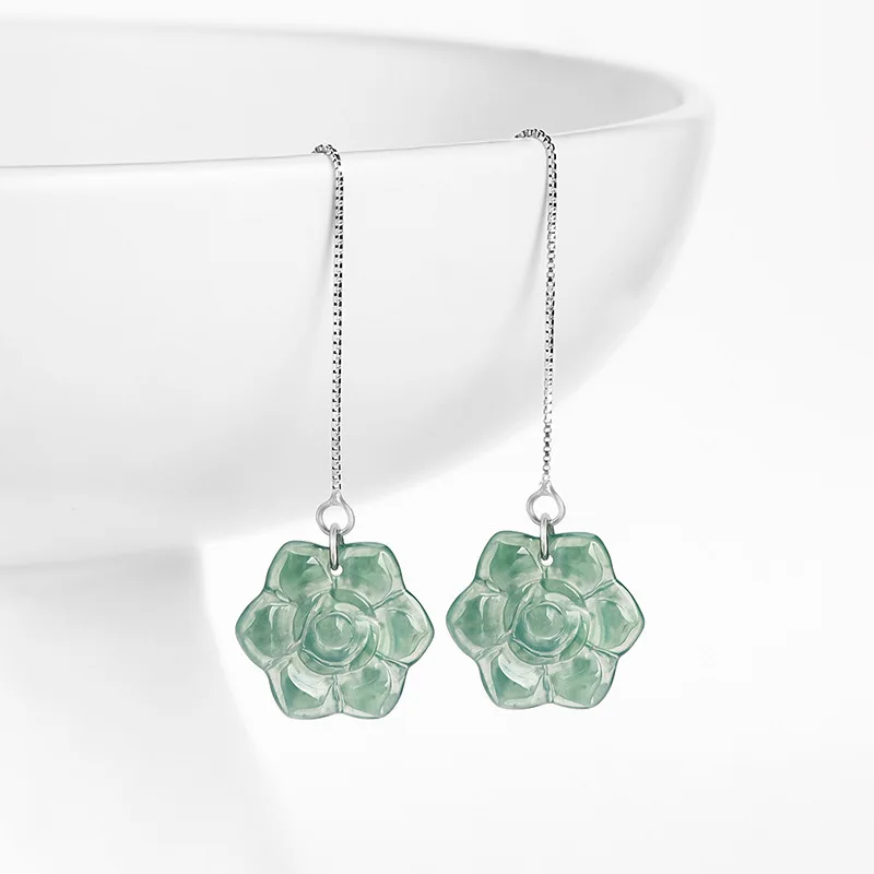 

Authentic pure natural old material A-grade jade ear line blue water rose S925 silver inlaid ice jade women's fashion jewelry