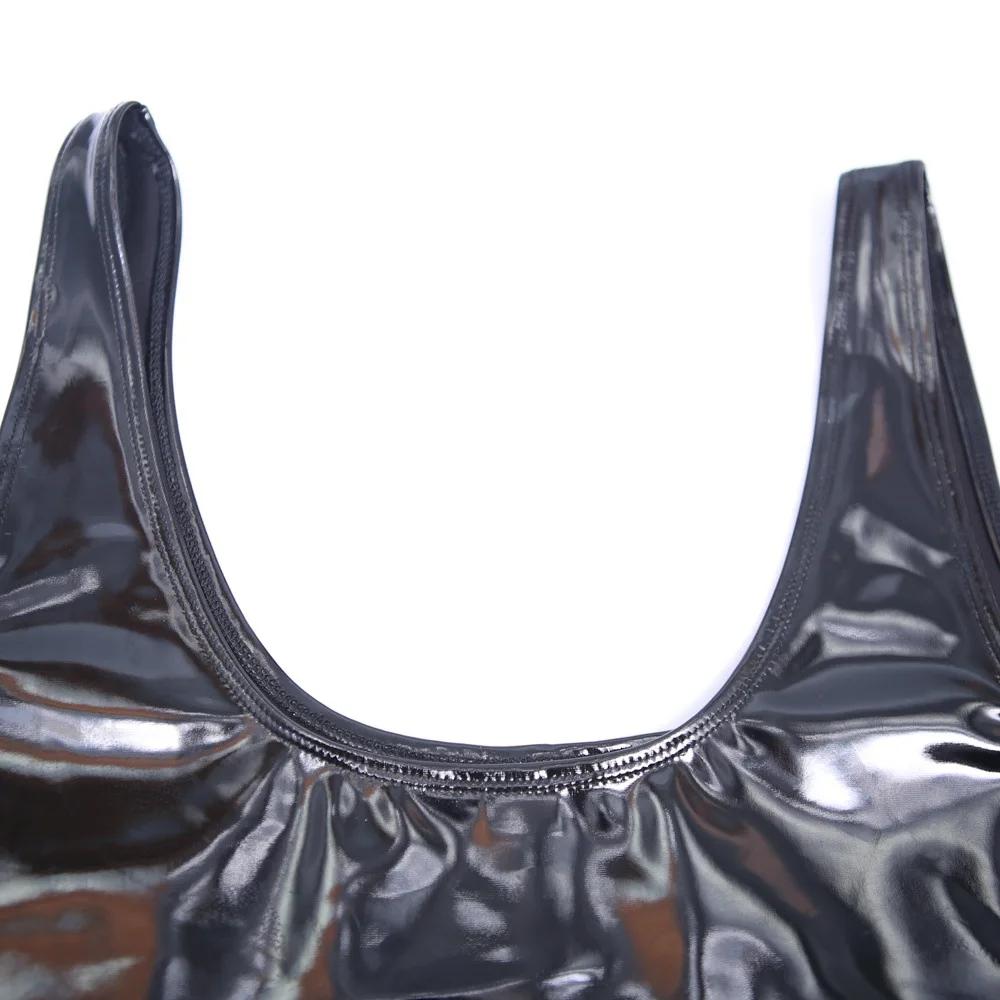 Women Lady Sexy Top Vest Customized Short Skirt Pleated Faux Leather Glossy Black Stylish