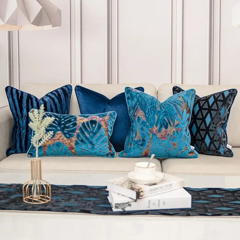 Luxuriöser blauer Samt-Kissenbezug, hochwertige geometrische dekorativer Kissenbezug für Sofa, Wohnzimmer, Kissenbezug, 30 x 50, 45 x 45, 50 x 50 cm