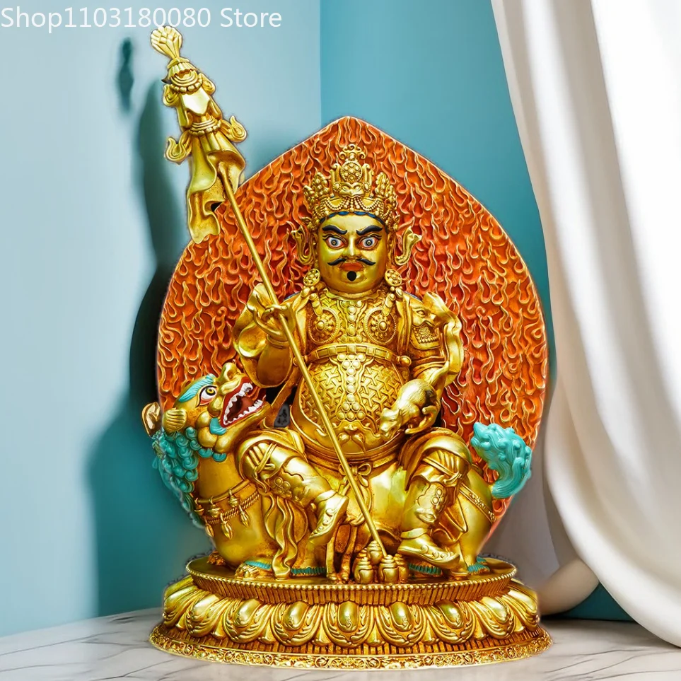 

27cm Copper gilding Vaishravana statue Tibet buddhism Lion Zambala Vaisramana sculpture