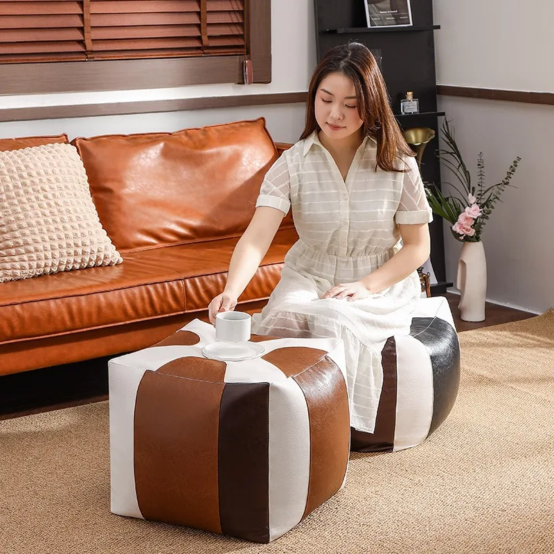 Splicing Two Color PU Leather Pouf Cover Embroider Artificial Leather Ottoman Footstool Sofa Cover Home Decor Unstuffed Cushion