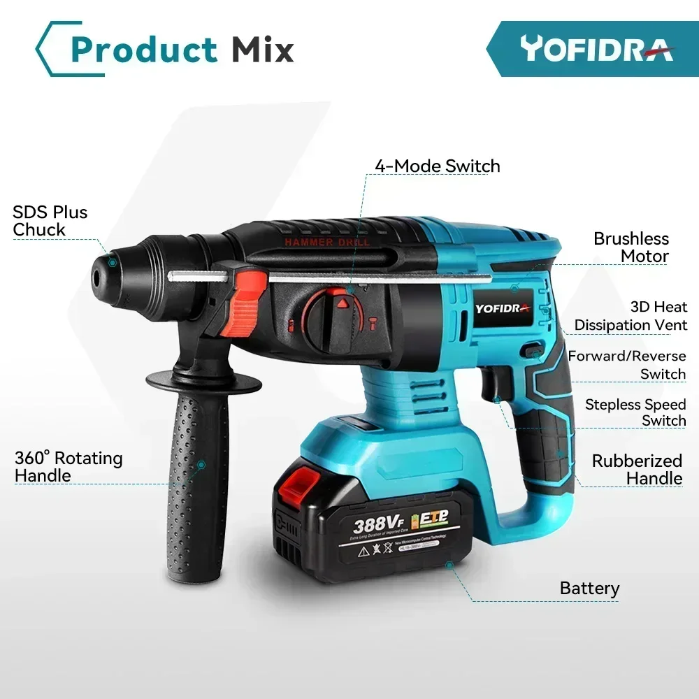 YOFIDRA 26mm Brushless Electric Hammer Multifunctional Efficient Cordless Impact Drill Power Tools For Makita 18V Battery