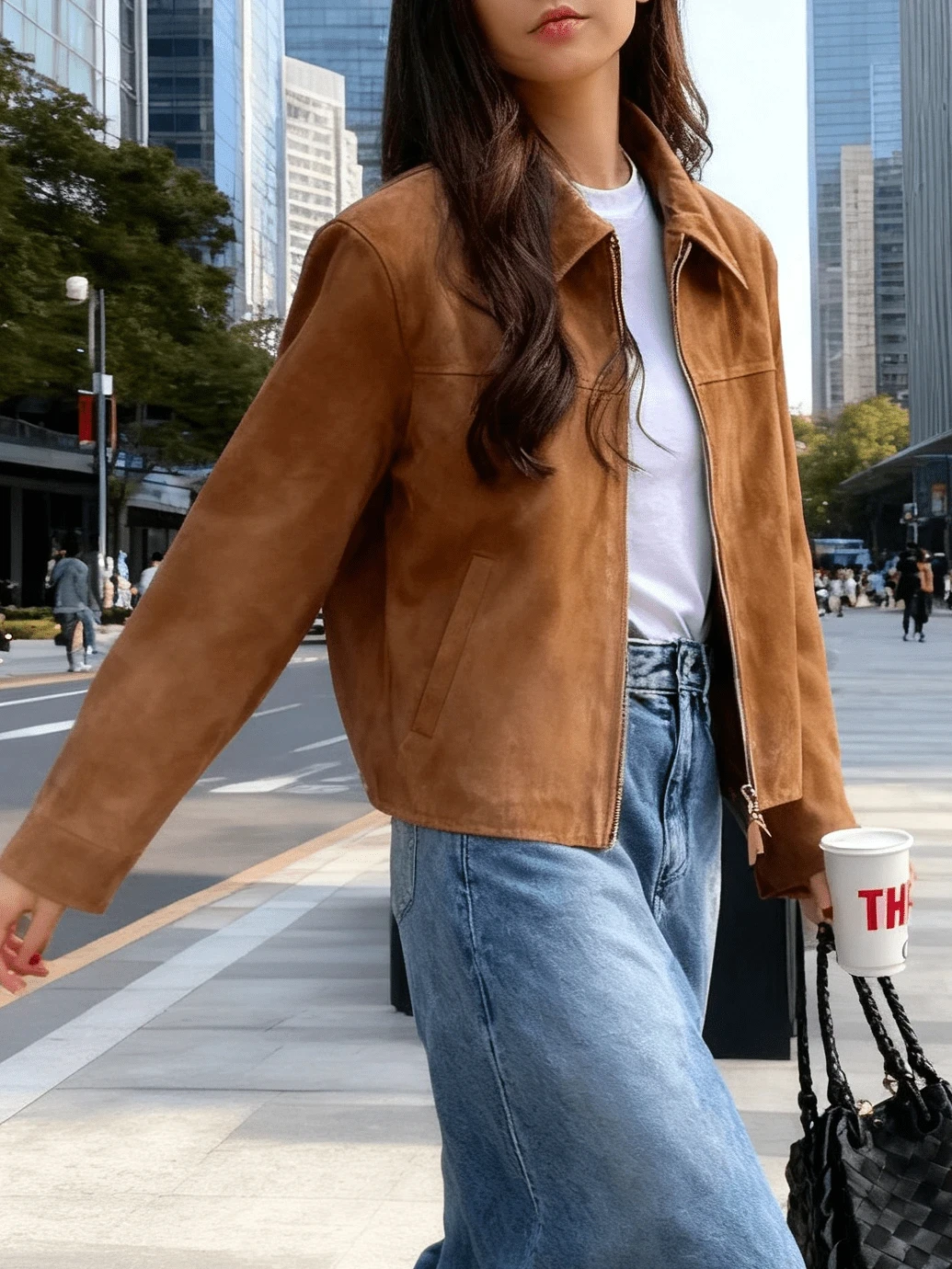 سترة نسائية قصيرة من جلد الغزال الصناعي مع سحاب وطية صدر السترة كاجوال ملابس الشارع لموسم الخريف والشتاء #4