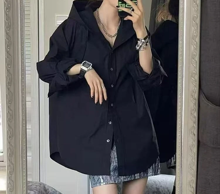 

2026 Blue Loose Hooded Shirt Medium and Long-sleeved Shirt Jacket Thin UV Protection