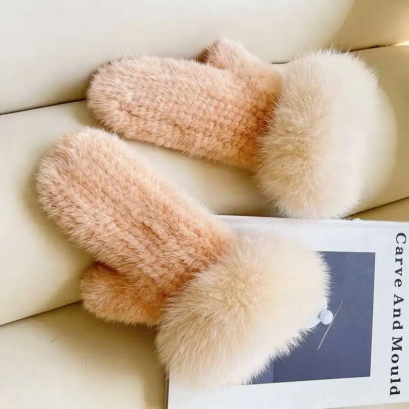 Real Mink Fur Gloves Women Natural Fur Mittens Fashion Fur Hand Knitted Full Finger Gloves Female Winter Thick Fur Gloves Ladies