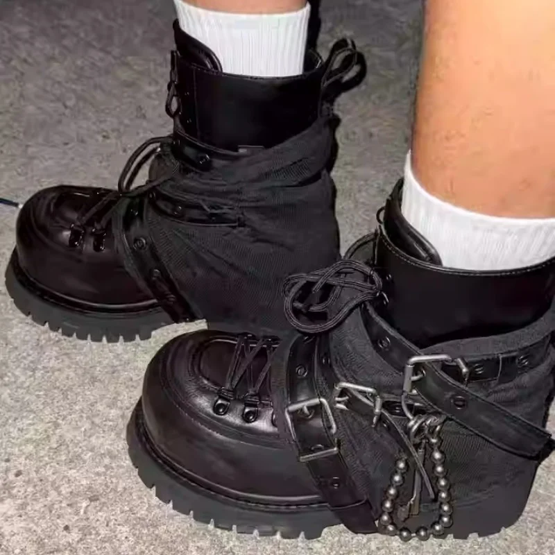 Black Dark Industry Short Boots Punk Short Boots for Men and Women Thick Soled Tall Short Boots Bundled Metal High Top Shoe image 4
