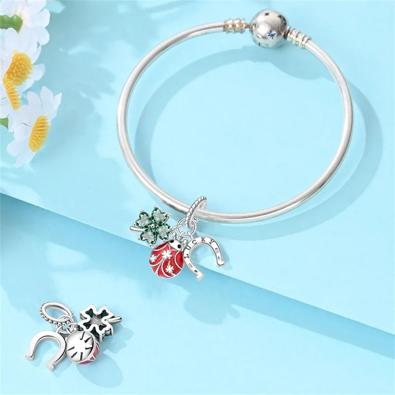 New 925 Sterling Silver Horseshoe Four Leaf Clover Ladybug Charms Bead Zircon Dangle Fit 3mm Original Bracelet DIY Women Jewelry
