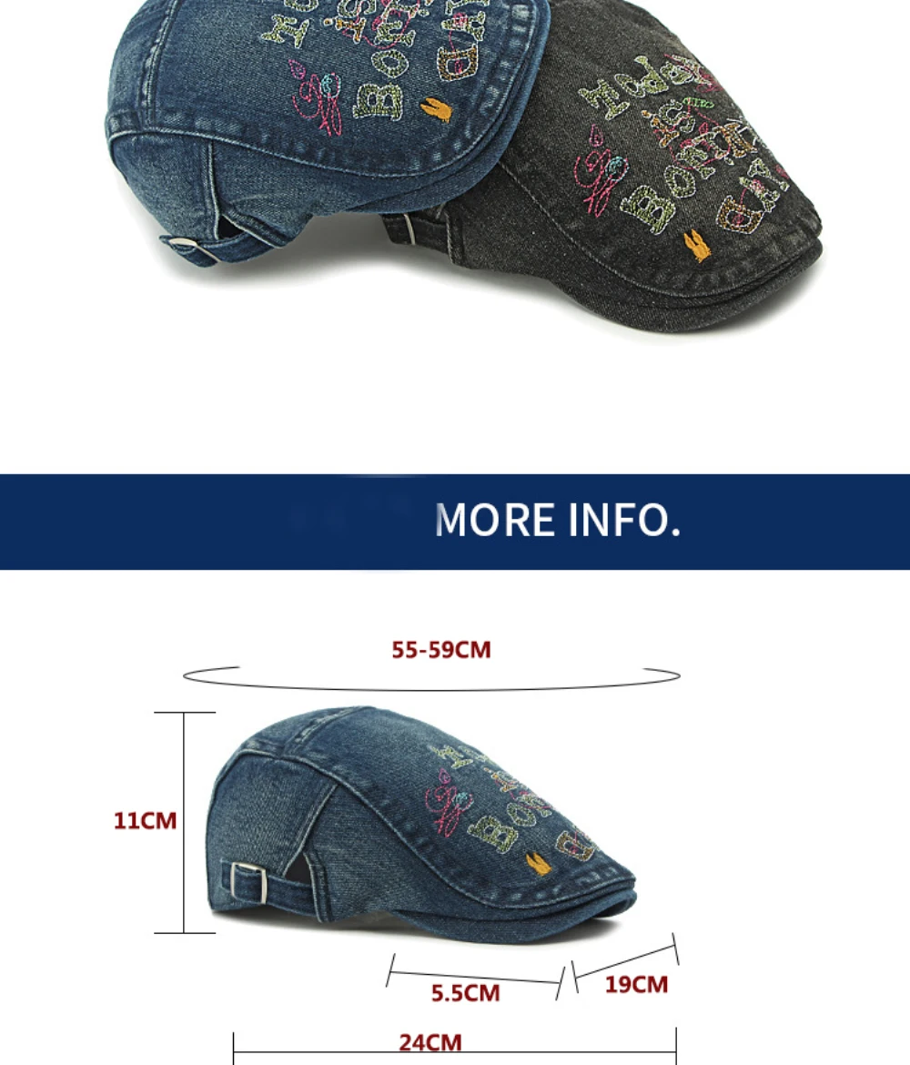 HT4739 Hochwertige Bestickte Buchstaben-Denim-Baskenmütze für Herren und Damen, Retro Künstler-Malermütze, Herren- und Damen-Ivy-Flatcap, Baskenmützen – Detail 3