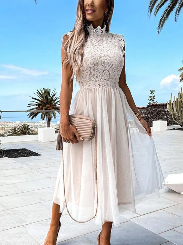 Summer Elegant White Women Dress Fashion Hook Flower Hollow Lace Mesh senza maniche Boho Midi Dresses for Women Streetwear Robe