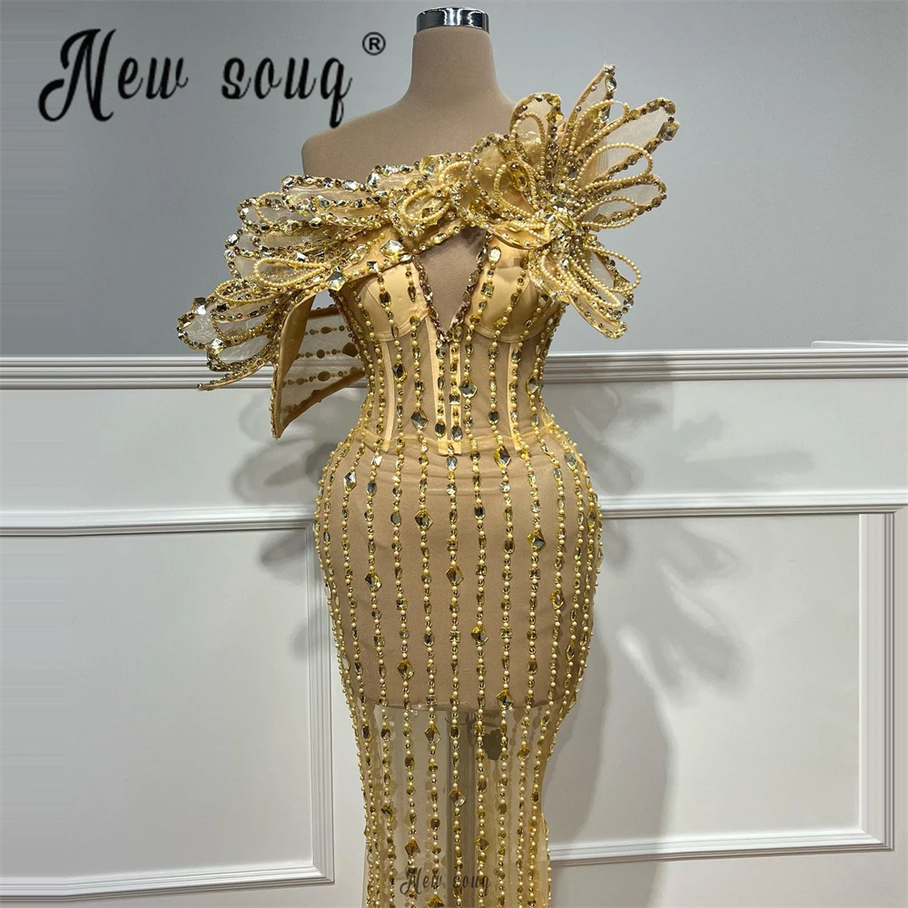 Gold Dubai Heavy Crystals Party Dress Customized 3D Leaf Sexy Cocktail Dance Night Gowns Second Reception Dress For Celebrity